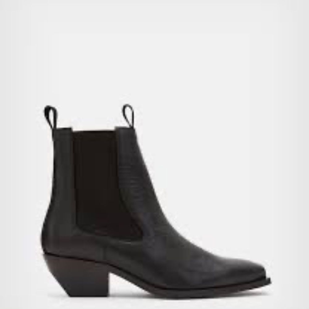 All Saints Vally Black Leather Square Toe‎ Heeled Boots Sz 6